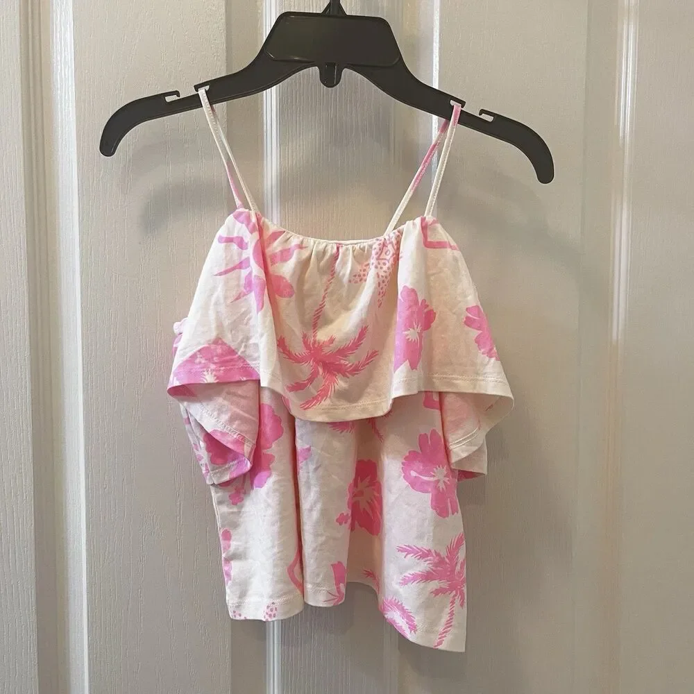 Zara Girls Pink Tropical Ruffle Crop Tank Floral Hawaiian Palm Trees SZ 8-9 NWT